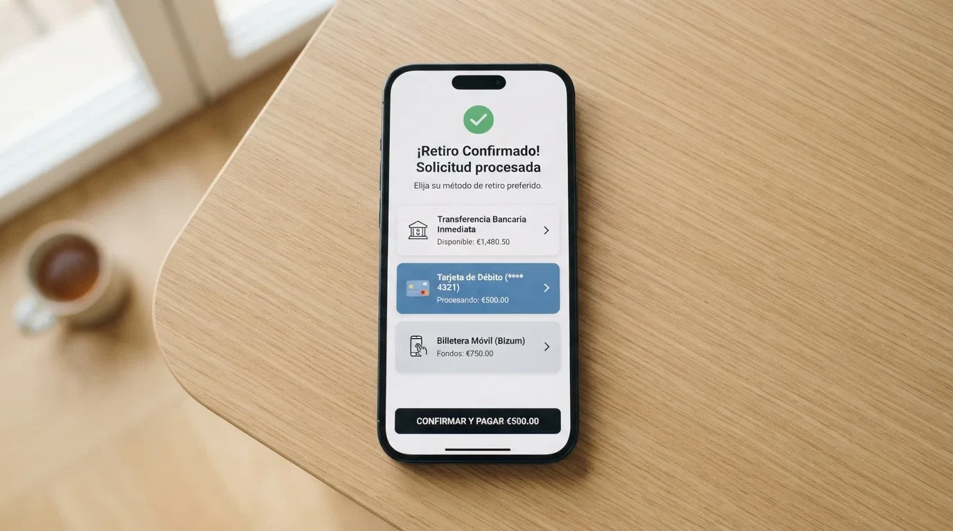 Pantalla de un teléfono mostrando las opciones de retirada de un casino online español: tarjeta, transferencia y Bizum
