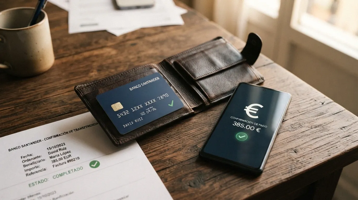 Una cartera con tarjeta bancaria, un móvil mostrando el logo de Bizum y un comprobante de transferencia, los tres con un mismo símbolo de verificación