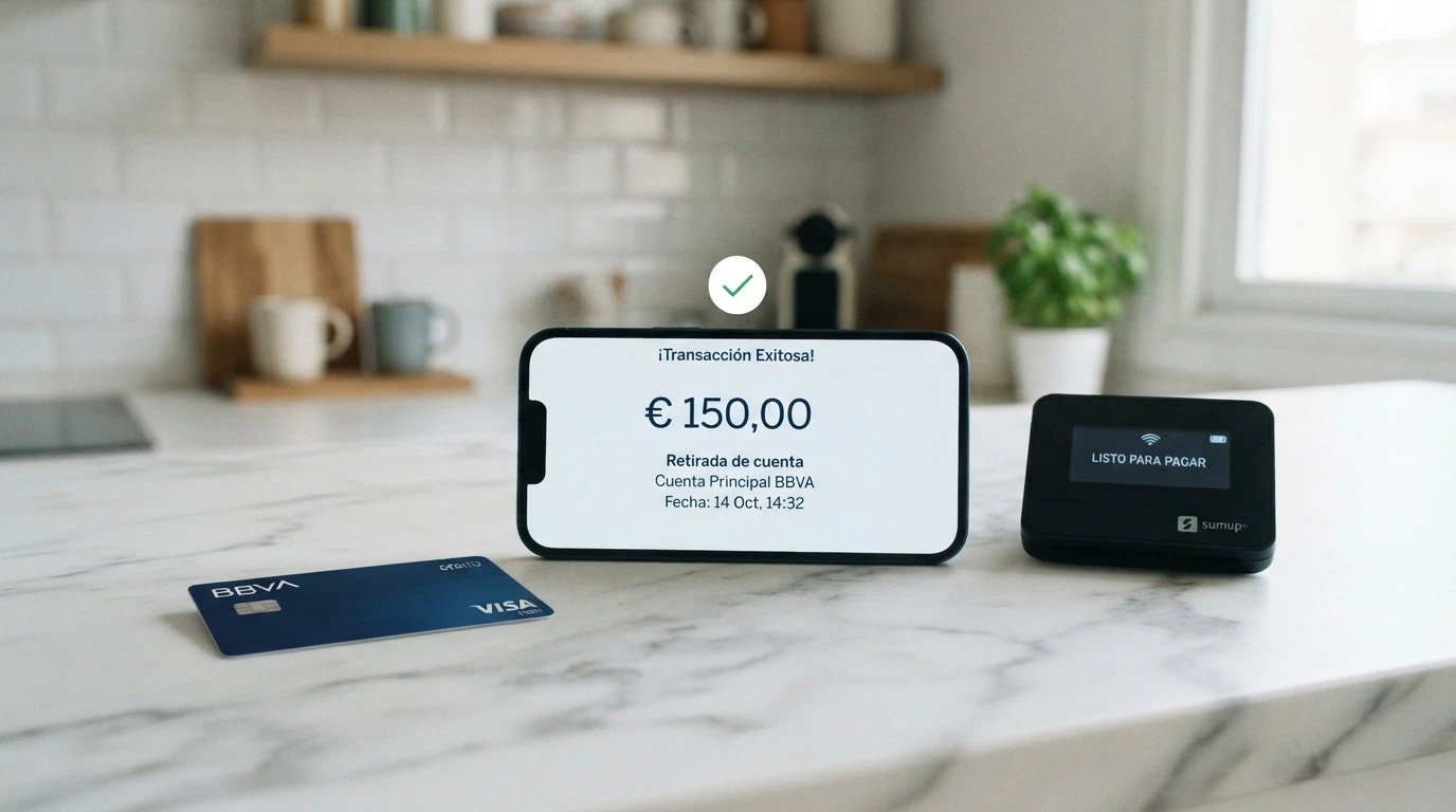 Dispositivos mostrando los iconos de Bizum, PayPal, Visa y Skrill junto a un móvil con la pantalla de retirada