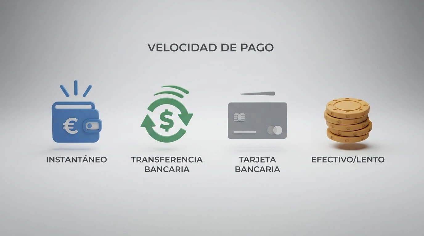 Pantalla dividida con los iconos de PayPal, transferencia bancaria, tarjeta Visa y efectivo, ordendos por velocidad de izquieda a derecha