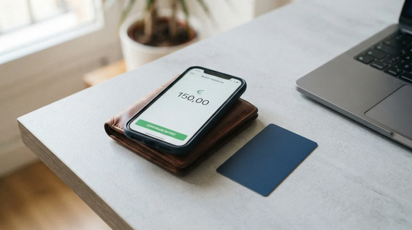 Un smartphone apoyado sobre una cartera y una tarjeta bancaria, con la pantalla mostrando una interfaz de retirada de fondos de un casino