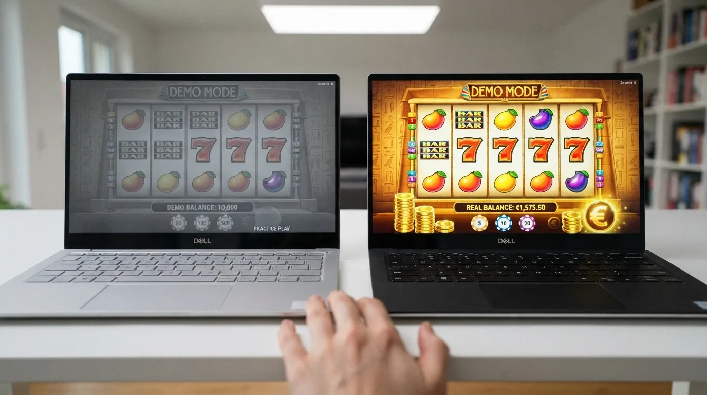 Dos pantallas superpuestas: a la izquierda un slot en modo demo con fichas virtuales, a la derecha el mismo slot con saldo de bono real
