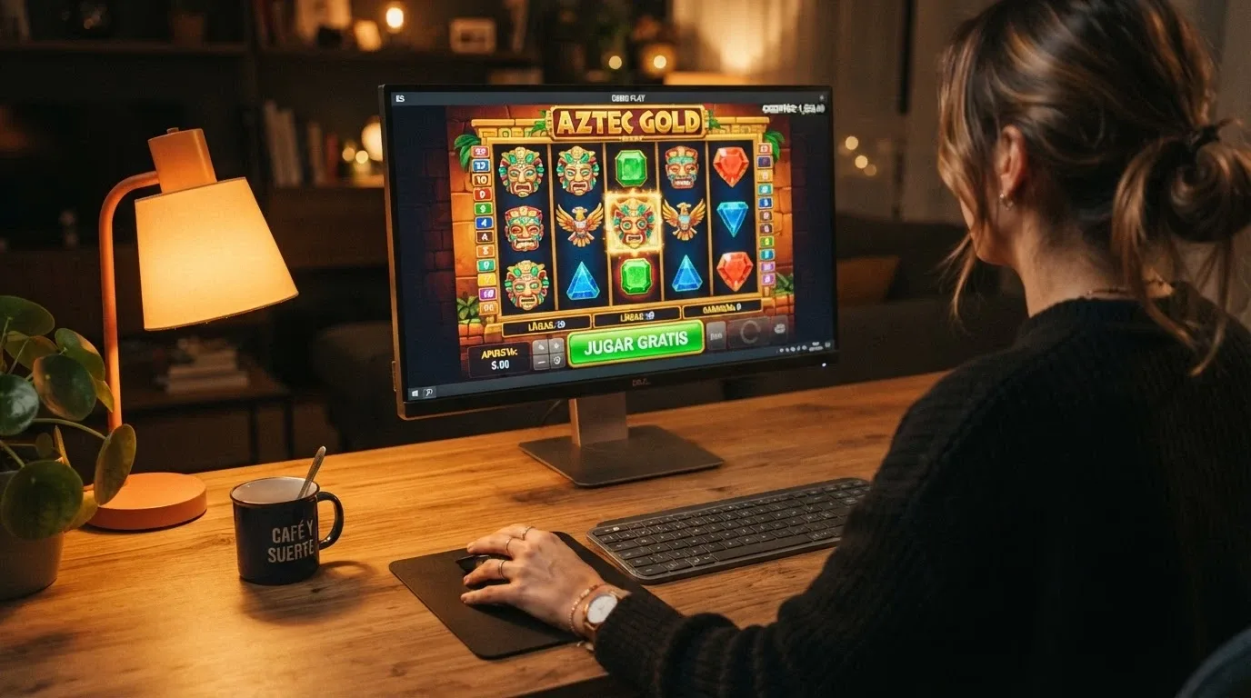 Una mano sobre un ratón junto a un monitor que muestra una slot en modo demo, con el contador de crédito ficticio visible y un botón de «Jugar gratis» destacado