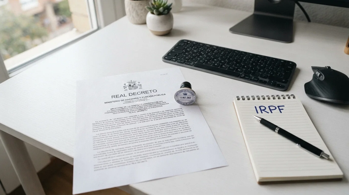Un documento oficial del BOE abierto sobre una mesa junto a un teclado, con un sello de la DGOJ visible y una calculadora con la palabra IRPF en la pantalla