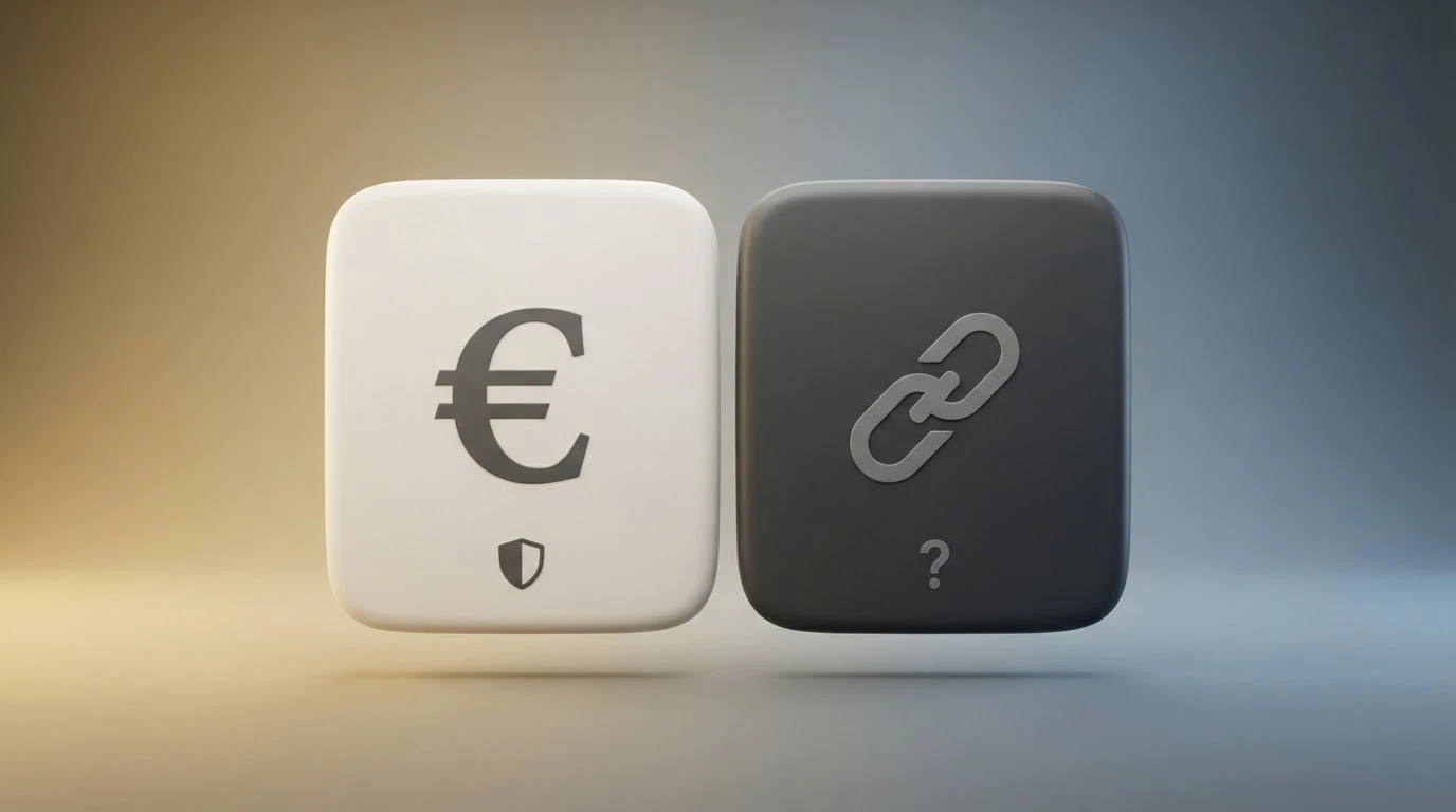 Mapa conceptual con dos columnas enfrentadas: casino con licencia DGOJ (euros, protección, dominio .es) frente a casino offshore USDC (cripto, sin protección, dominio internacional)