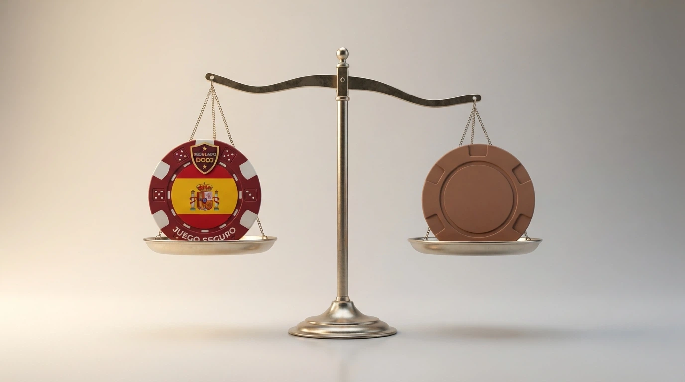 Una balanza que pesa dos fichas de casino: una con la bandera de España y el sello DGOJ, otra sin identificación ni jurisdicción reconocible