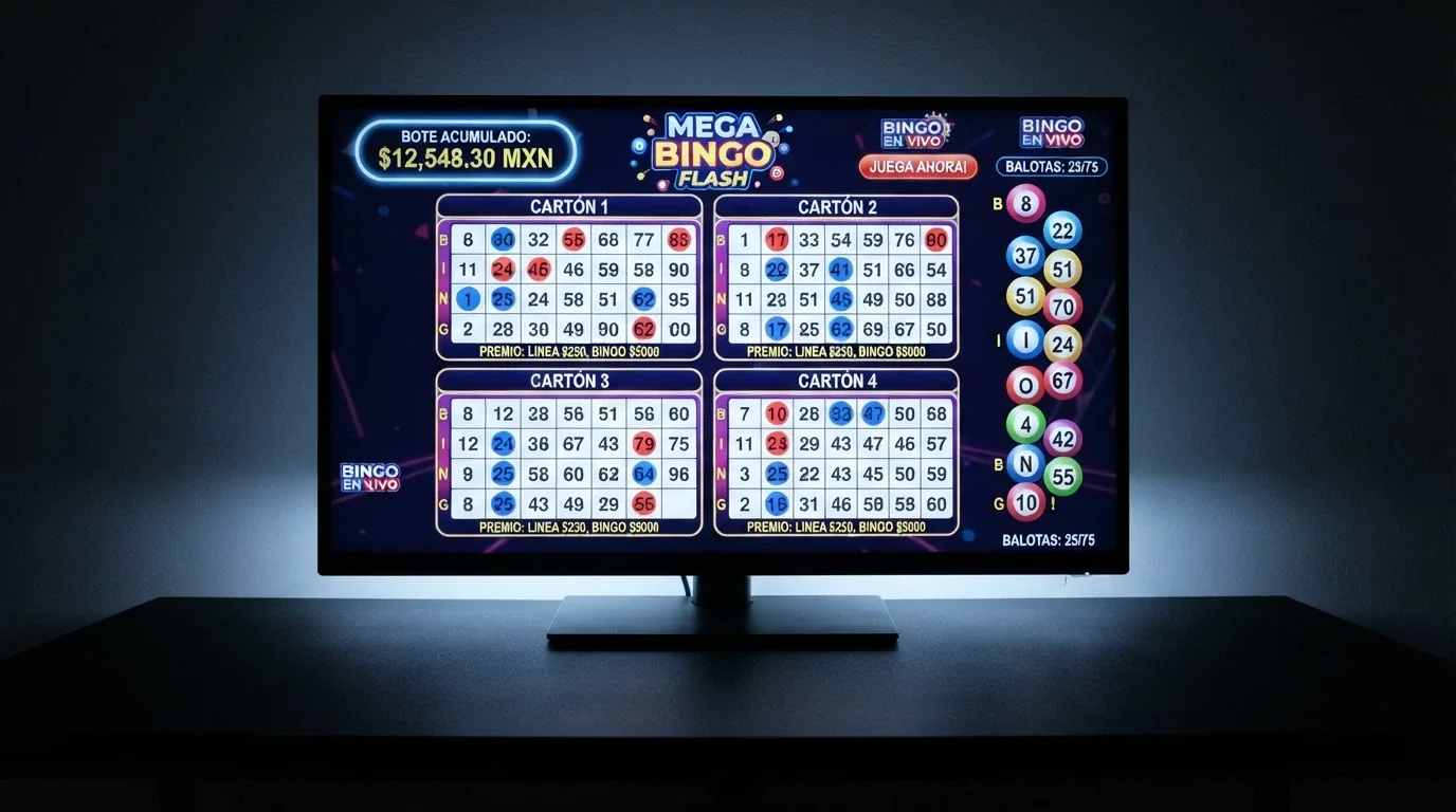 Pantalla completa de un video bingo español con cuatro cartones activos de 3×5, la extracción de bolas en marcha y el marcador de jackpot progresivo
