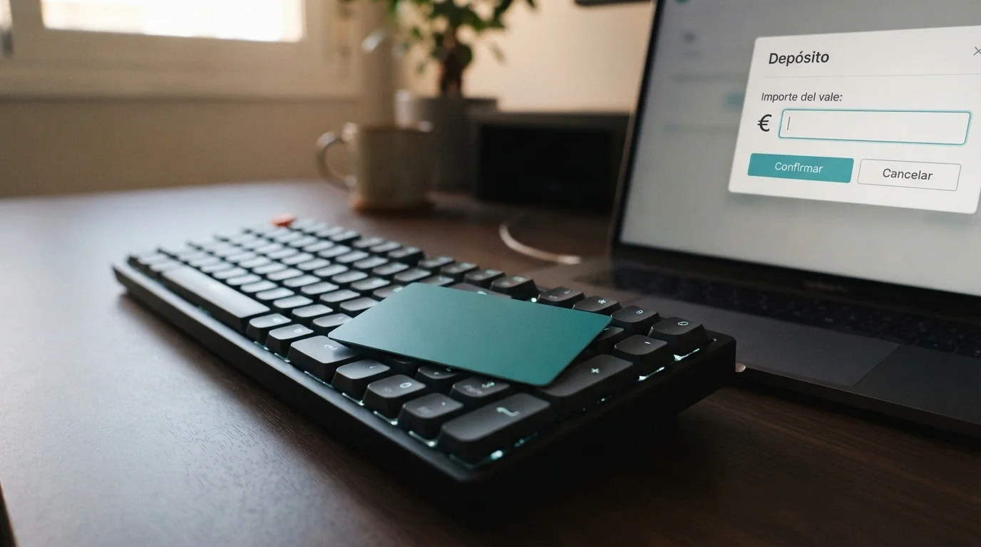 Tarjeta de Paysafecard sobre el teclado de un ordenador junto a la pantalla de depósito de un casino online
