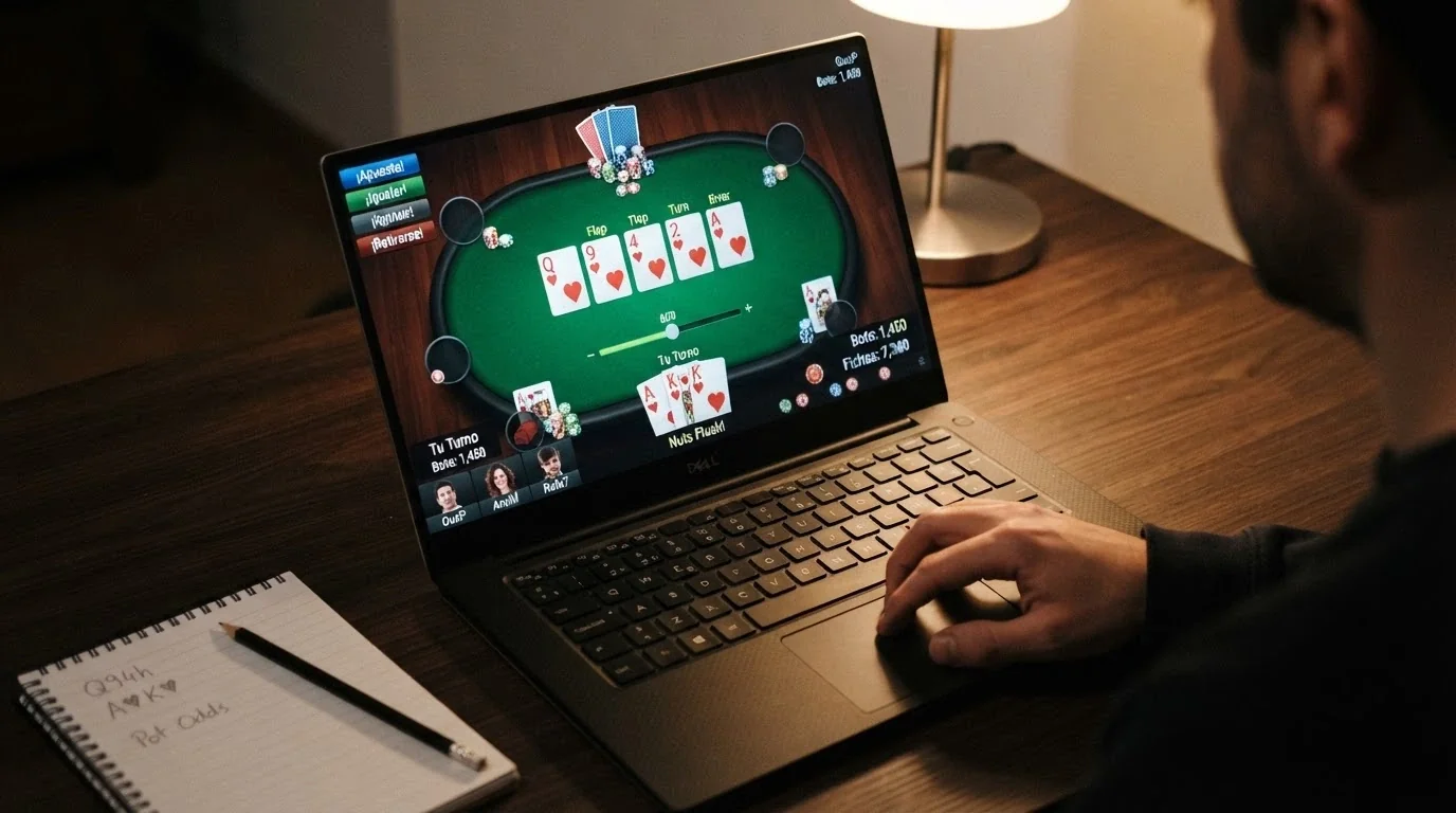 Una mano de Texas Hold'em en pantalla con cinco cartas comunitarias sobre el tapete y dos cartas de mano visibles, con fichas virtuales apiladas junto a la interfaz de juego en español