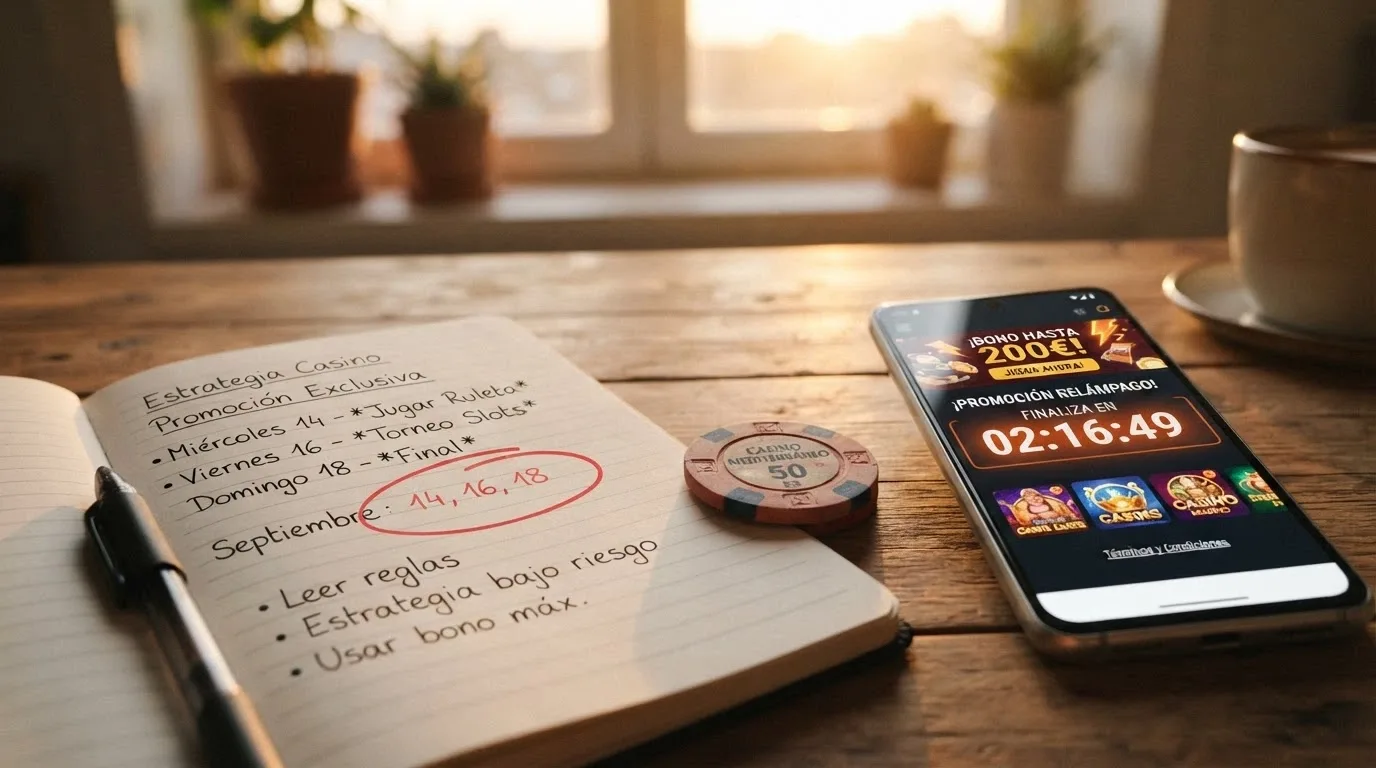 Banner promocional de casino online con ofertas de verano, un calendario marcado y un contador de tiempo limitado