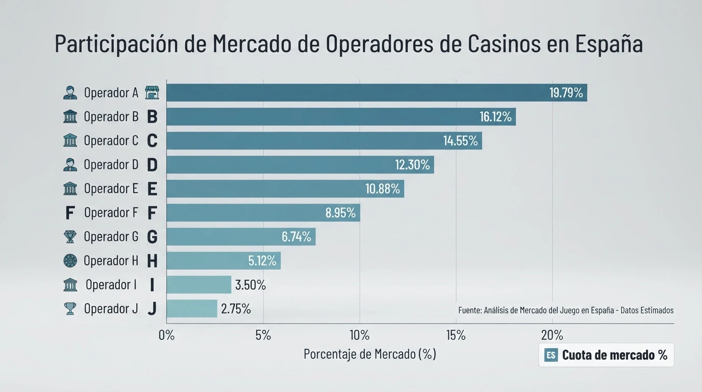 Vista comparativa de los 10 operadores con licencia DGOJ que integran el catálogo de Evolution Gaming, con sus condiciones de bono y cuota de mercado en España