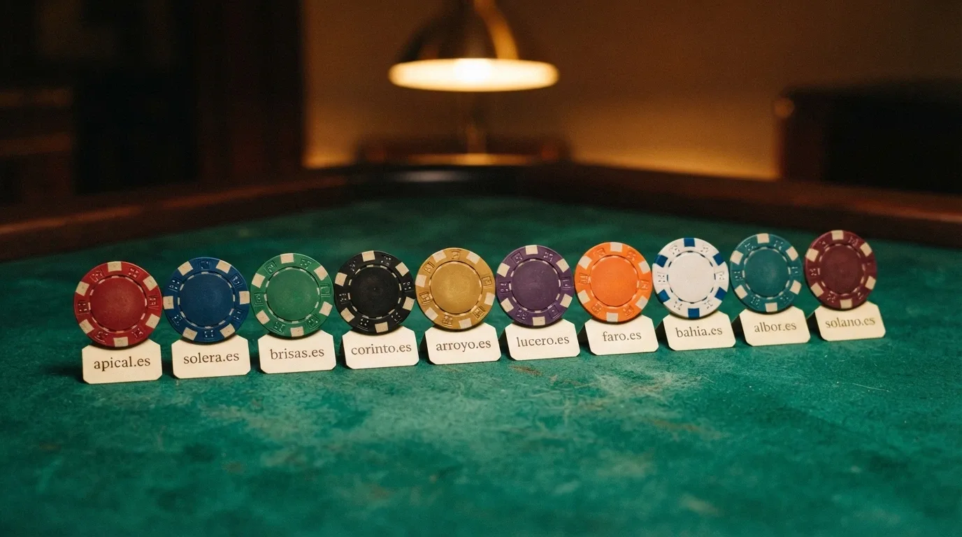 Diez fichas de casino alineadas sobre un tapete verde, cada una con el nombre y el dominio .es de uno de los operadores analizados
