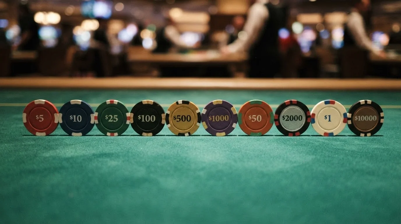Composición de diez fichas de casino alineadas, cada una con la primera letra de un operador regulado español
