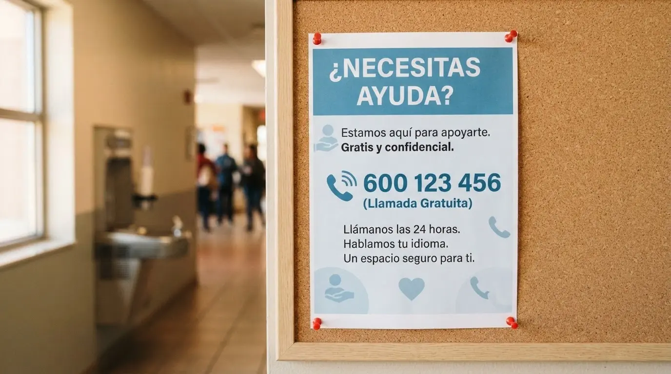 Cartel o folleto informativo de FEJAR o del Plan Nacional sobre Drogas con número de teléfono de ayuda