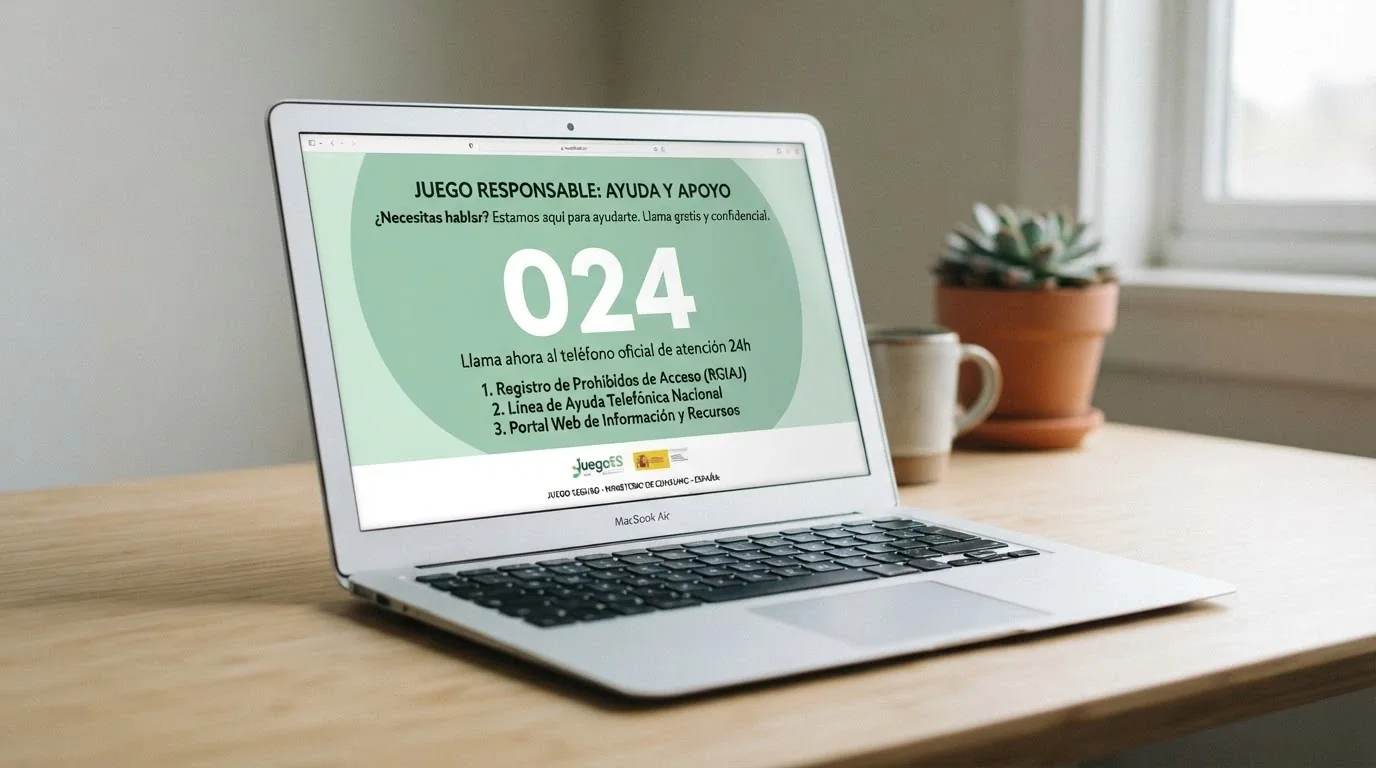 Pantalla de información sobre juego responsable con los logotipos de la DGOJ y el teléfono 024 de atención 24 horas
