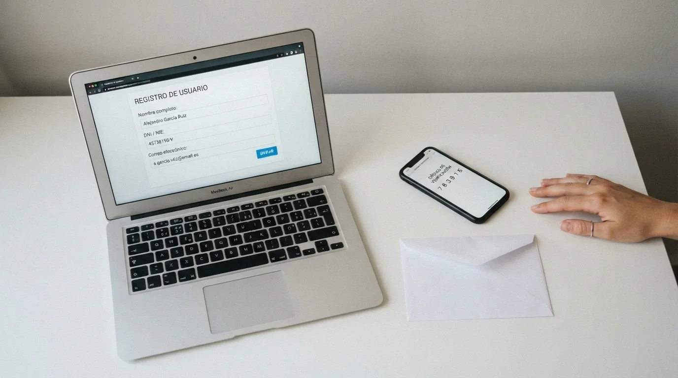 Un formulario de registro en un casino online con dominio .es junto a un documento de identidad y un teléfono móvil con un código de verificación