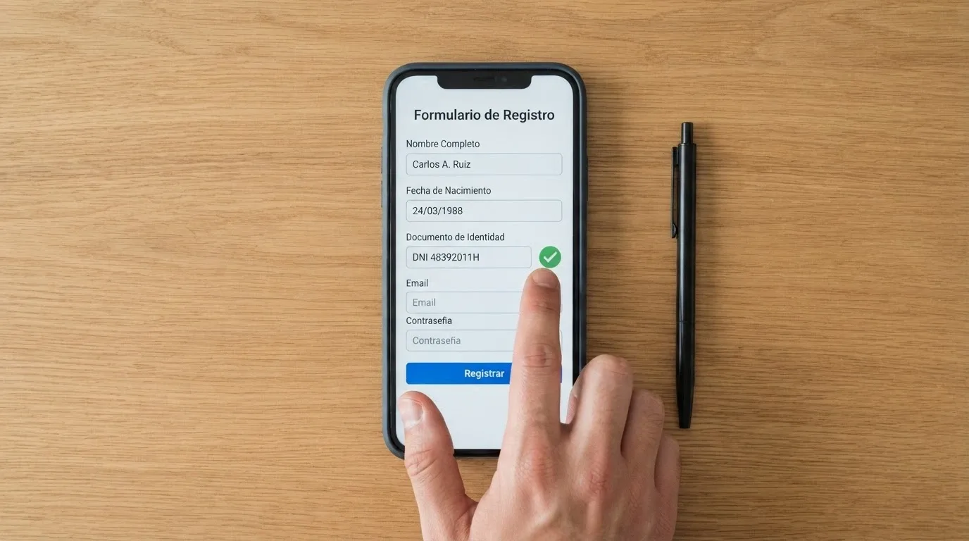 Un teléfono móvil mostrando un formulario de registro de casino online con un icono de verificación de identidad junto al campo de documento