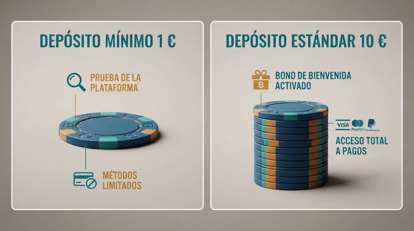 Comparativa visual simplificada: una columna con lo que se obtiene por 1 € y otra columna con lo que se obtiene por 10 € en el mismo casino