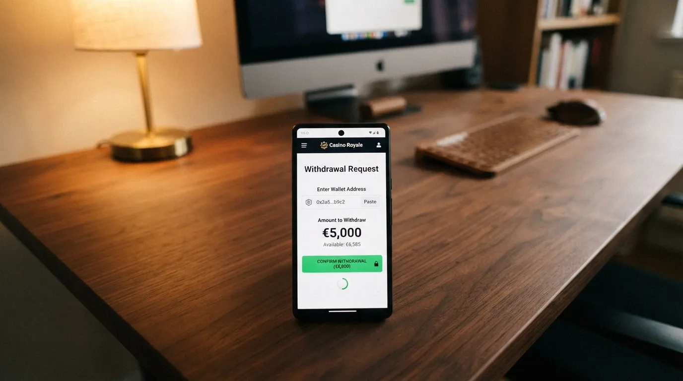 Alt: Interfaz de retiro de un casino online con DOGE como opción de cobro, mostrando el campo de dirección de wallet