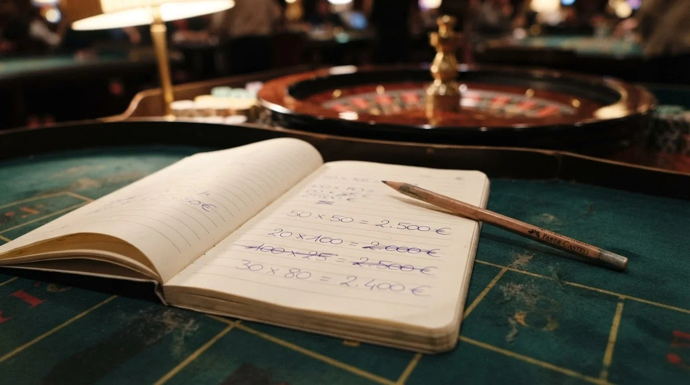 Una calculadora sobre una mesa de juego con una cifra destacada de 2.500 € y una ruleta al fondo