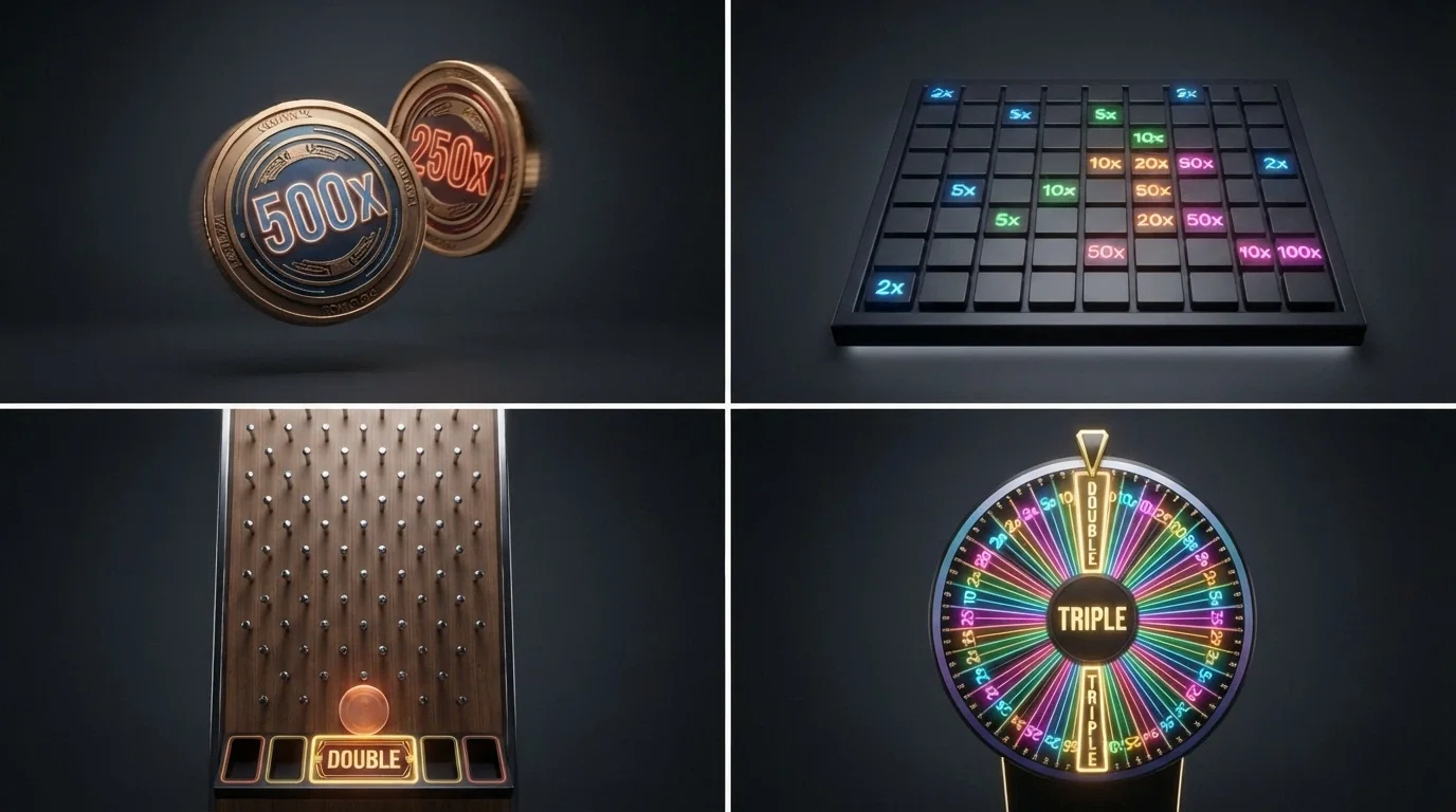 Collage de las cuatro pantallas de bonificación: moneda de Coin Flip girando, cuadrícula de Cash Hunt con 108 casillas ocultas, tablero Pachinko con clavijas y disco, y la rueda virtual de 64 segmentos de Crazy Time
