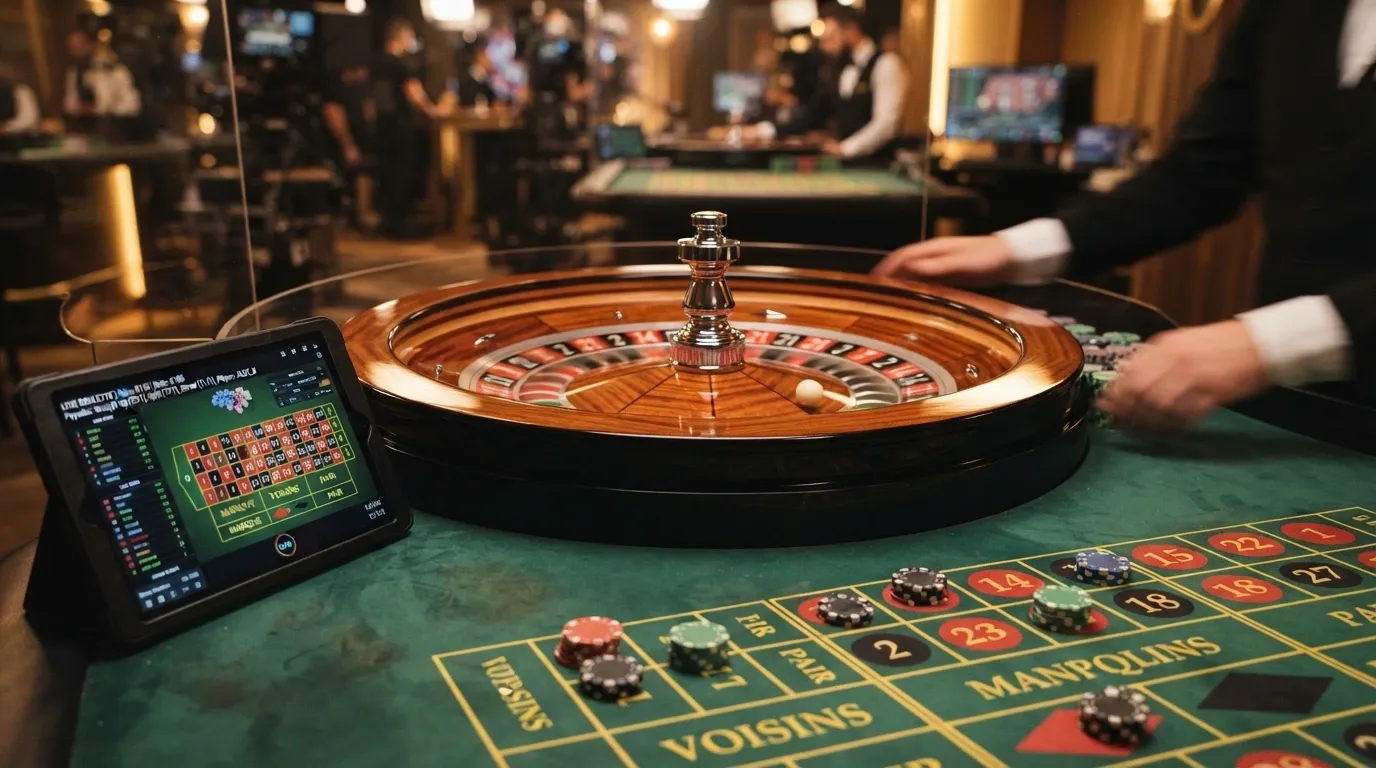 Ruleta de casino en pleno giro con la bola rodando, crupier al fondo y la interfaz de apuestas del jugador superpuesta en pantalla