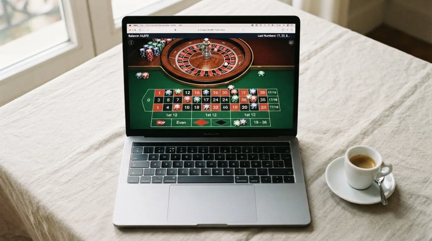 Un tapete de ruleta europea con un solo cero visible, con fichas de colores sobre varios números y la bola detenida en el 17, con la interfaz del navegador alrededor