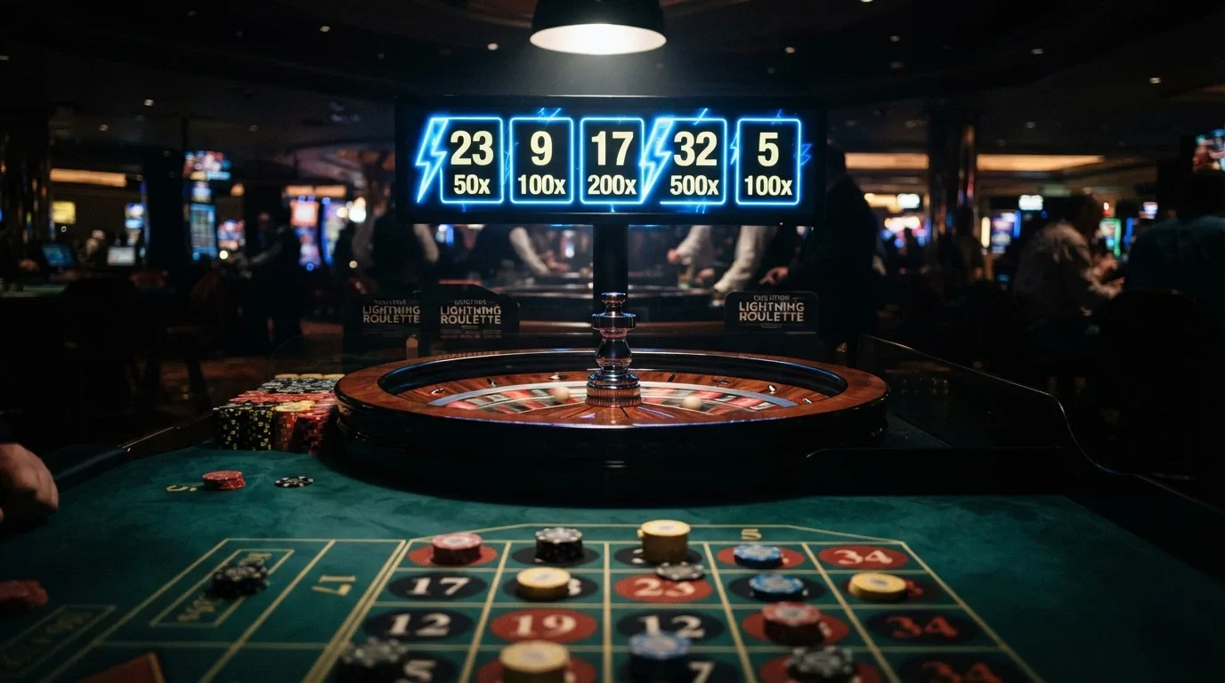 Mesa de Lightning Roulette de Evolution Gaming con los números de la suerte iluminados por rayos y los multiplicadores visibles en pantalla