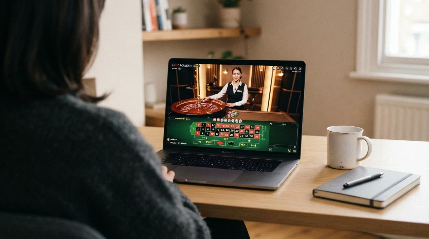 Una ruleta en vivo con crupier real vista desde el ángulo del jugador en una pantalla de ordenador, con el sello DGOJ visible en la esquina