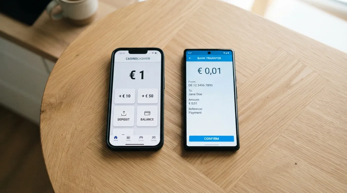 Dos pantallas contrapuestas: un casino con depósito mínimo de 1 euro y otro mostrando la opción de transferencia desde 0,01 euros