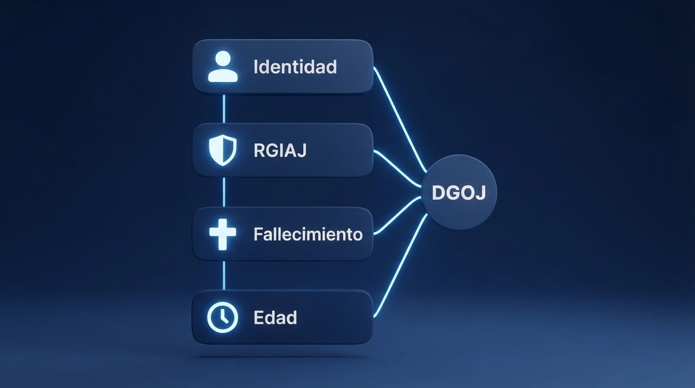Diagrama del flujo de verificación RGIAJ que muestra las cuatro comprobaciones simultáneas del servicio de identidad de la DGOJ