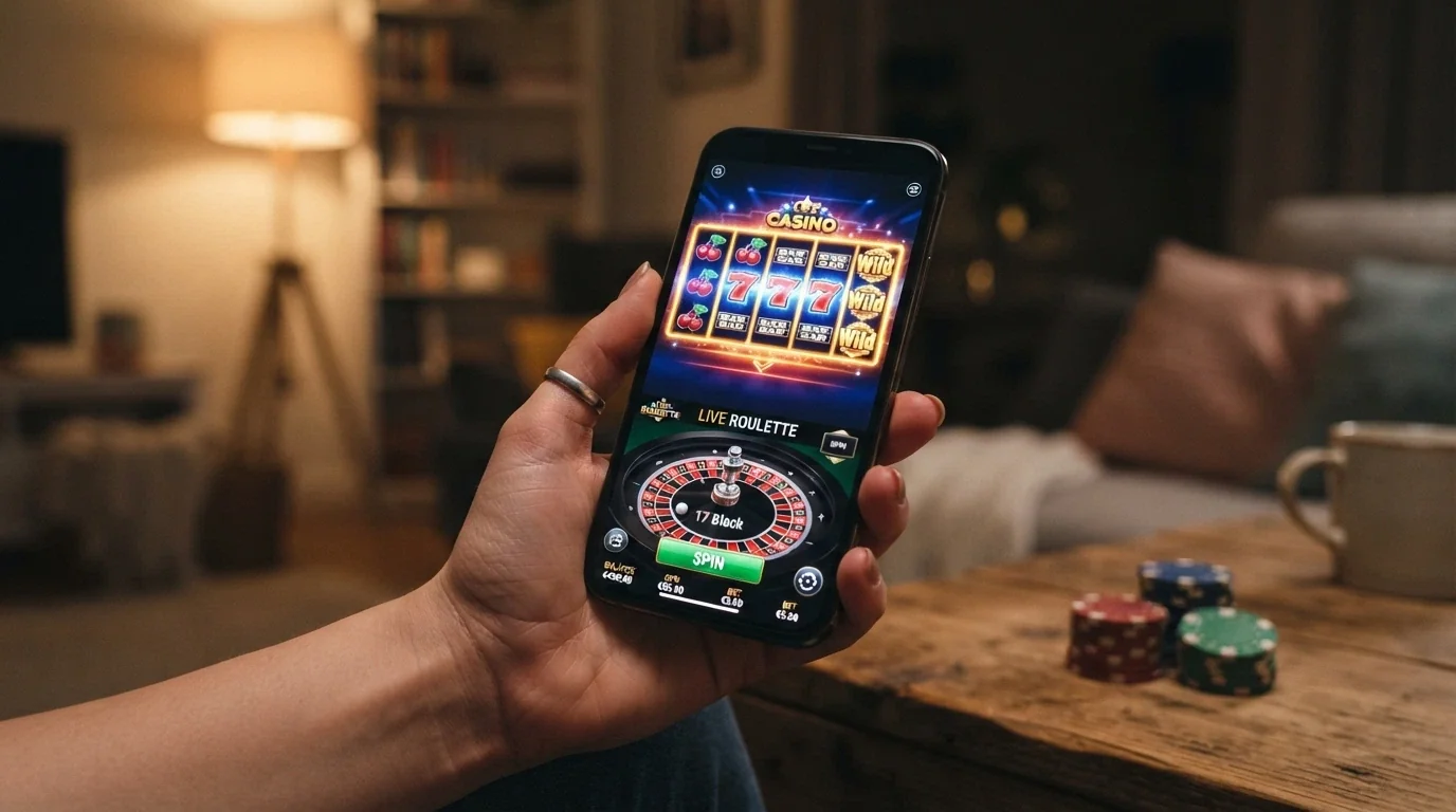 Una cuadrícula visual con capturas de pantalla representativas de slots populares en casinos DGOJ (tragaperras, ruleta y una mesa de live casino), con un iPhone mostrando «Depósito con Apple Pay completado» superpuesto.