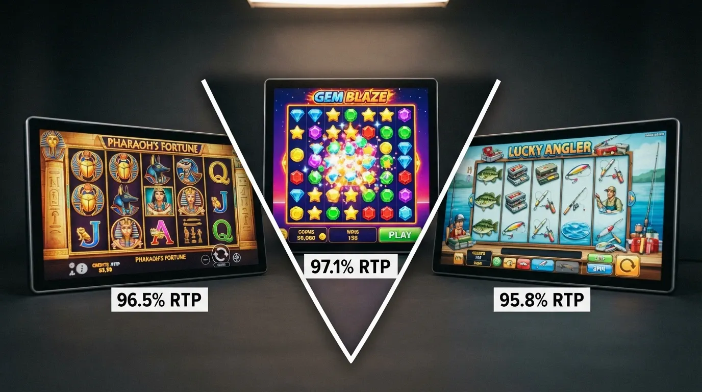 Collage de tres slots (Book of Dead, Starburst y Sweet Bonanza) con sus porcentajes de RTP en una etiqueta sobre cada una