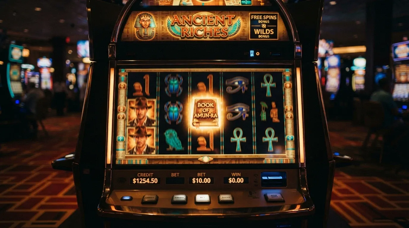 Los carretes del slot Book of Dead con el explorador Rich Wilde en primer plano y el símbolo del libro dorado iluminado