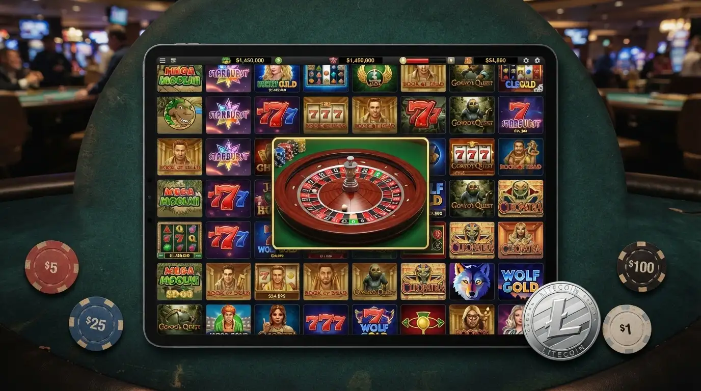 Una cuadrícula de carátulas de tragaperras con los logos de Pragmatic Play, Evolution y NetEnt, y una mesa de ruleta en vivo en el centro