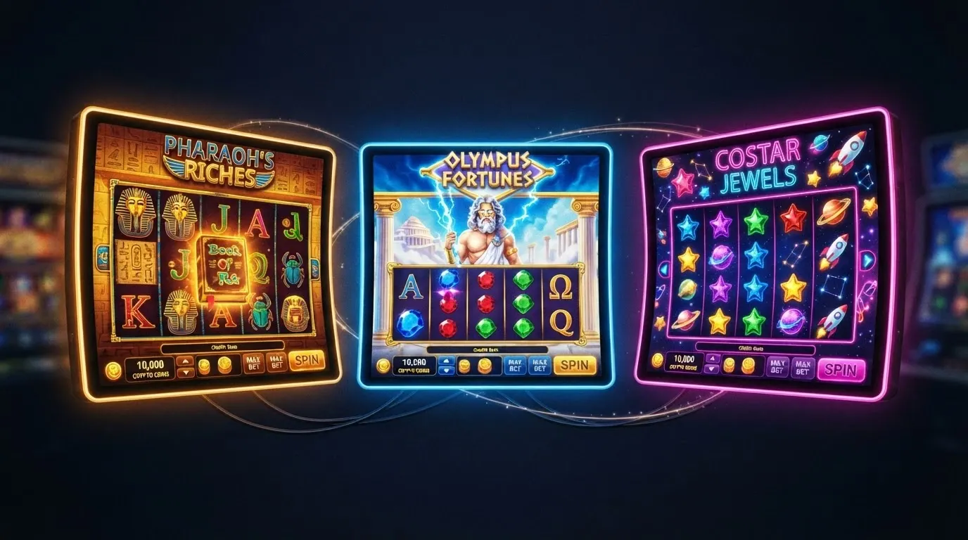 Alt: Collage de portadas de slots populares — Book of Dead, Gates of Olympus, Starburst — con el icono de Dogecoin superpuesto