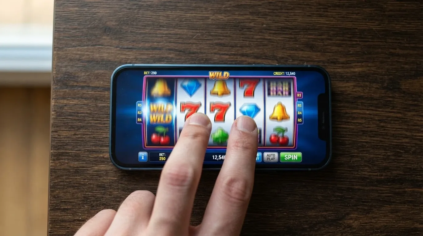 Primer plano de unos dedos tocando los rodillos de una tragaperras en una pantalla de smartphone, con los símbolos alineándose en un giro ganador