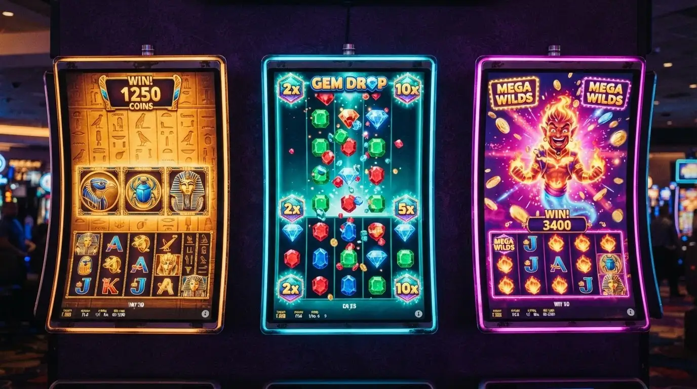 Collage visual de tres slots populares en casinos nuevos: una cuadrícula de símbolos expansivos, una cascada de multiplicadores y un comodín animado con efecto de luz