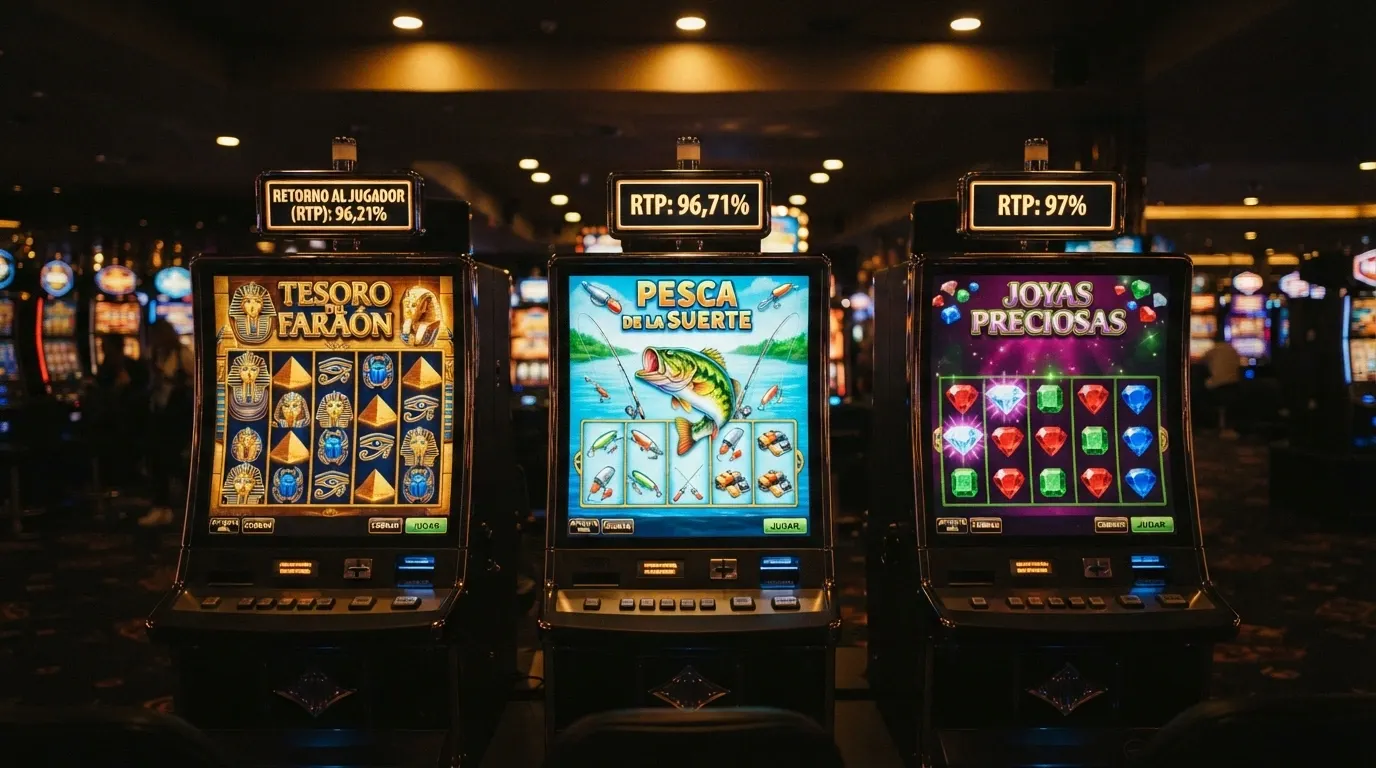 Una cuadrícula con portadas de slots (Book of Dead, Big Bass Bonanza, Starburst) y sus porcentajes de RTP