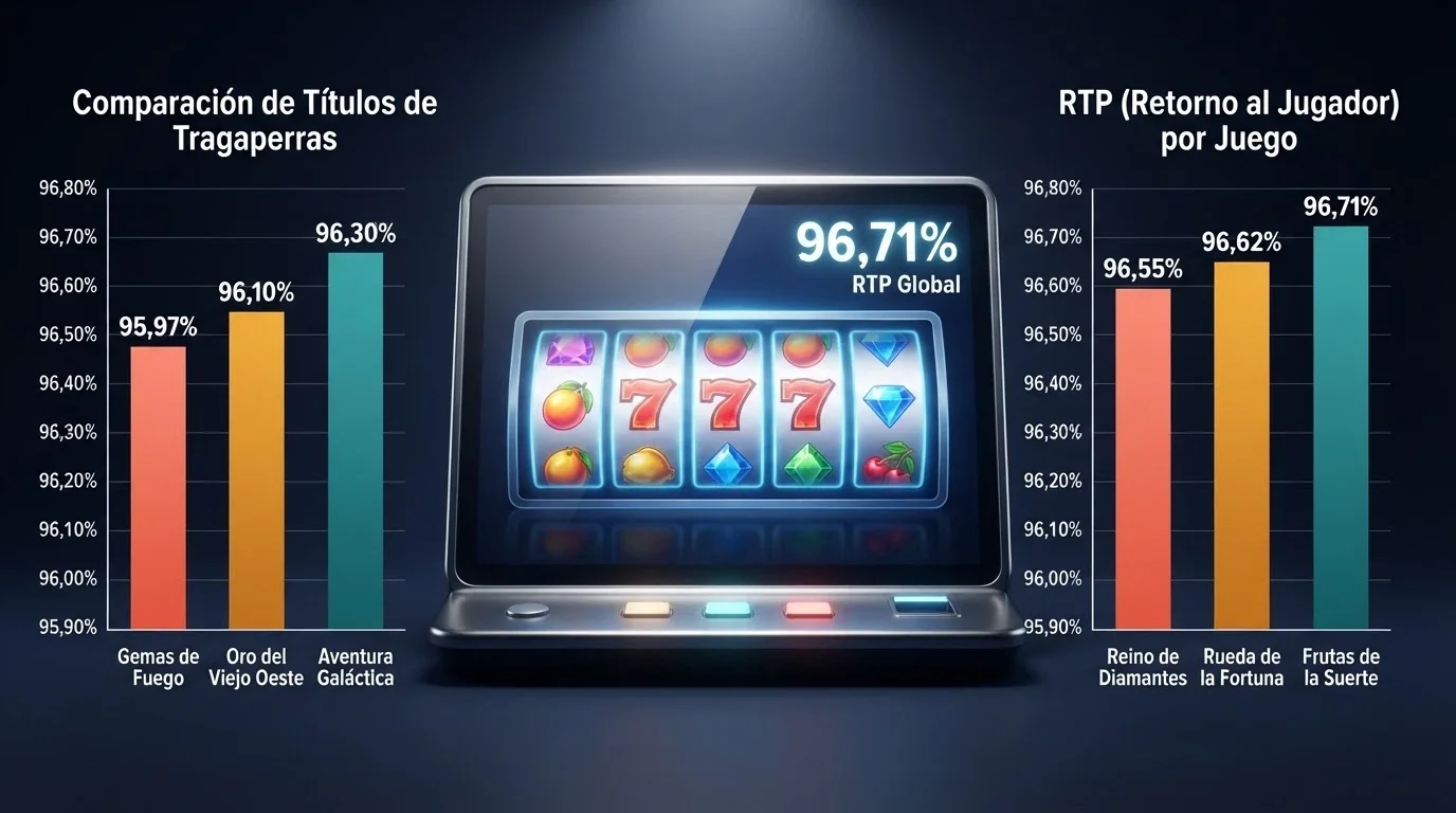 Una pantalla de slot con el porcentaje RTP visible en la esquina superior, rodeada de gráficos de barras que comparan distintos títulos