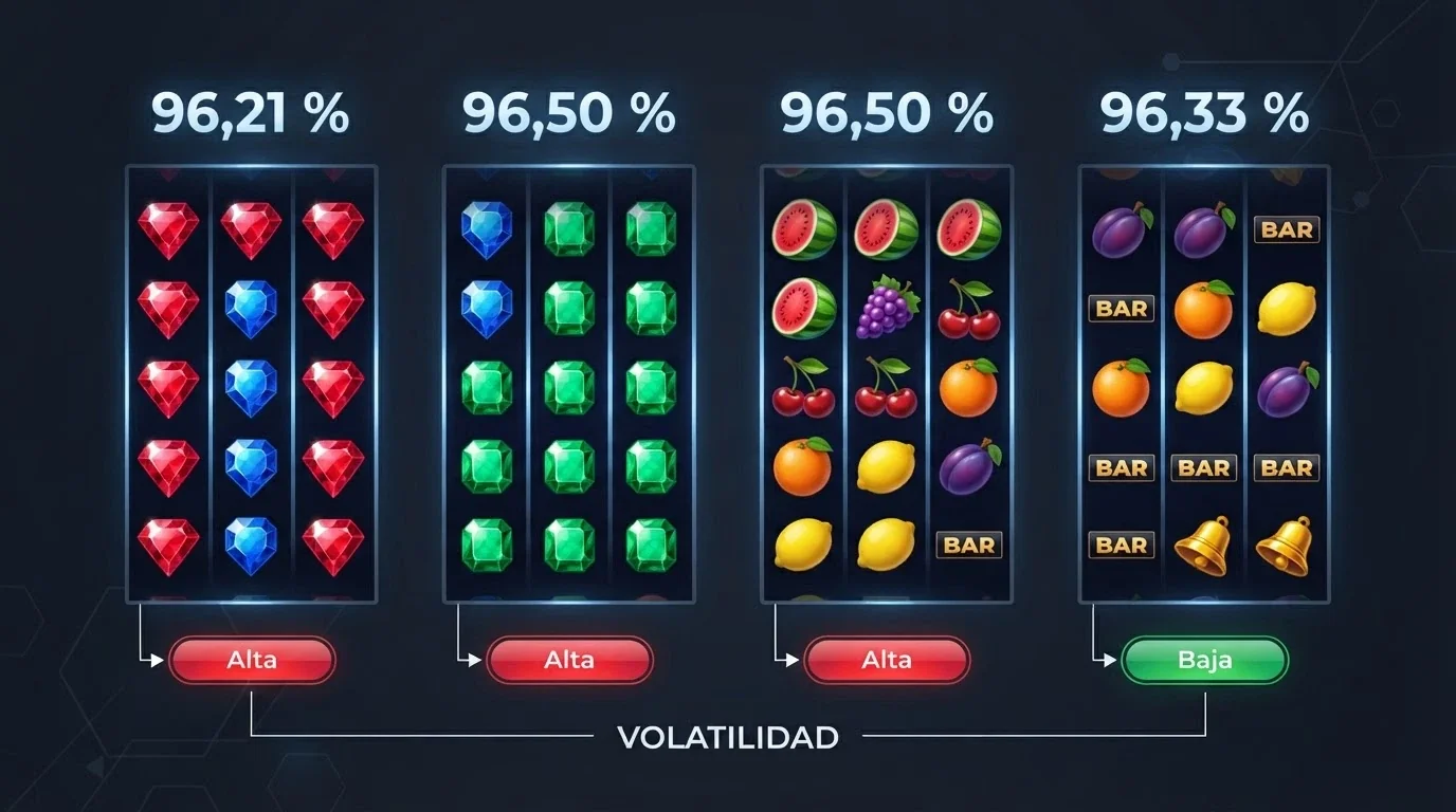 Collage de cuatro tragaperras populares en casinos españoles con sus porcentajes de RTP superpuestos y una flecha que relaciona cada slot con su nivel de volatilidad