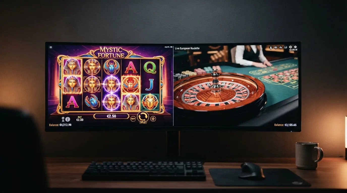 Pantalla dividida con un slot de Hacksaw a la izquierda y una mesa de ruleta en vivo de Evolution a la derecha, saldo en ADA visible