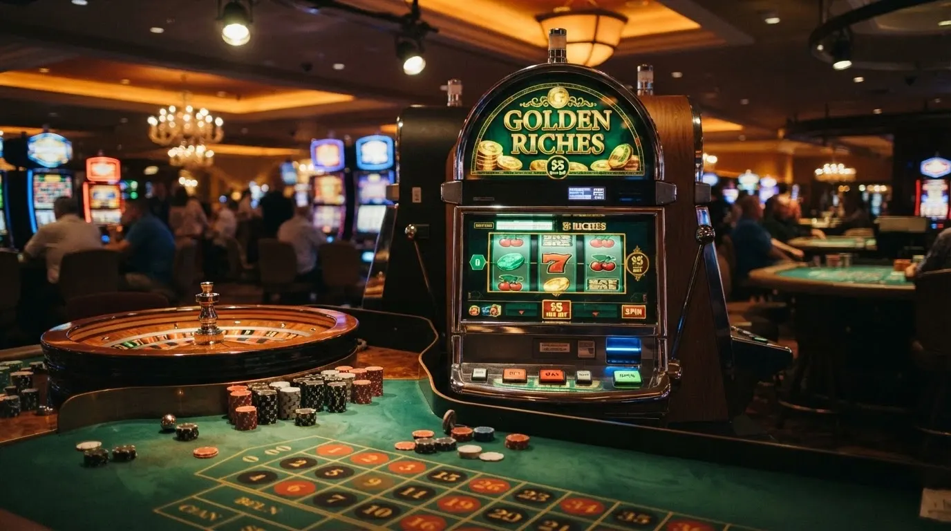 Collage de tragaperras coloridas y una mesa de ruleta en vivo con un crupier real