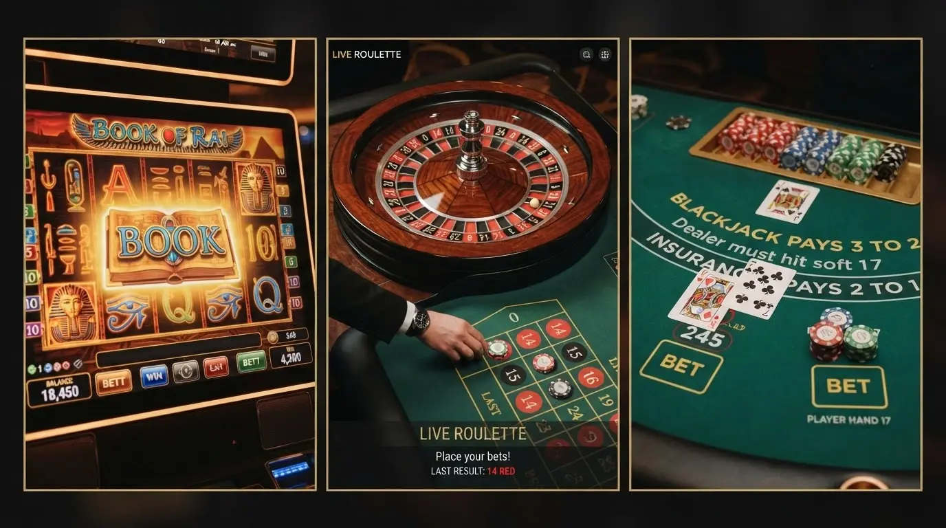 Collage de tres pantallas de juego: una tragaperras con el símbolo del libro de Book of Dead, una ruleta en vivo con crupier real y una mesa de blackjack con fichas