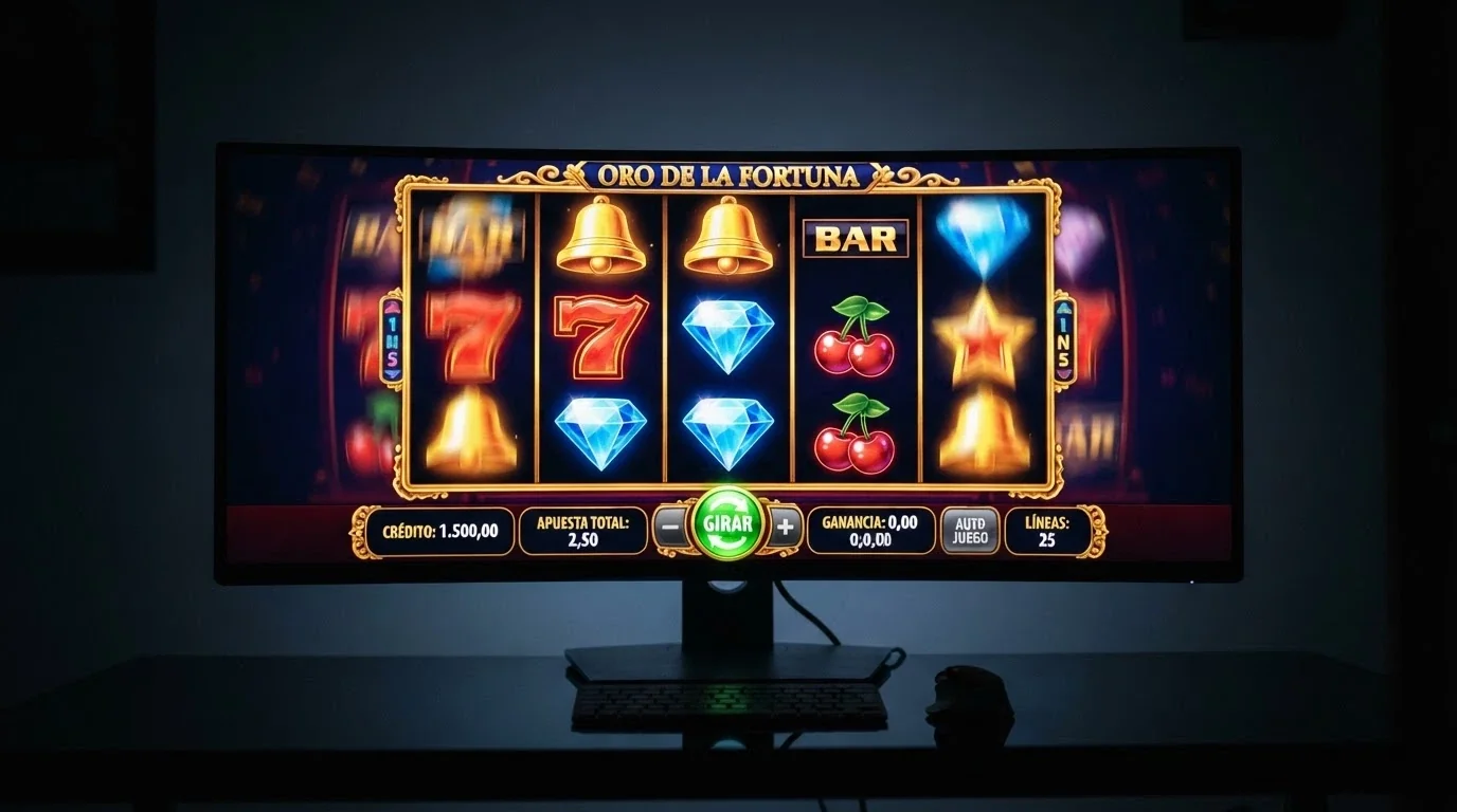 Pantalla de un juego de tragaperras online colorido con los rodillos visibles y la interfaz de apuesta en la parte inferior