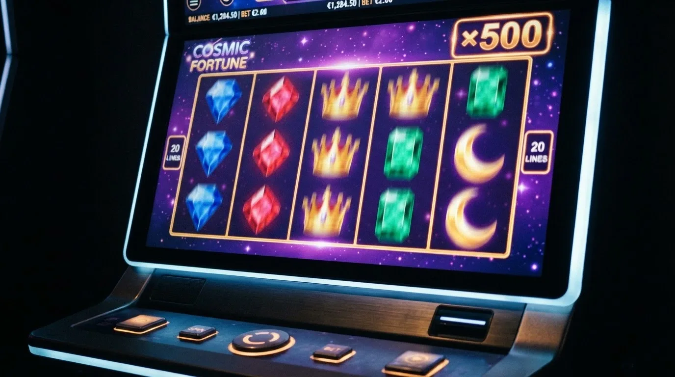 Pantalla de una tragaperras online colorida con rodillos en movimiento, símbolos de princesa y multiplicadores visibles, con saldo en criptomonedas