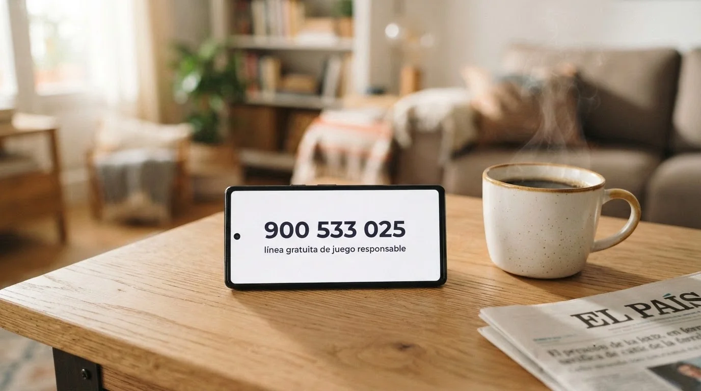 Un teléfono móvil moderno con la pantalla mostrando el número 900 533 025 junto al texto «línea gratuita de juego responsable», apoyado sobre una mesa con una taza de café al lado