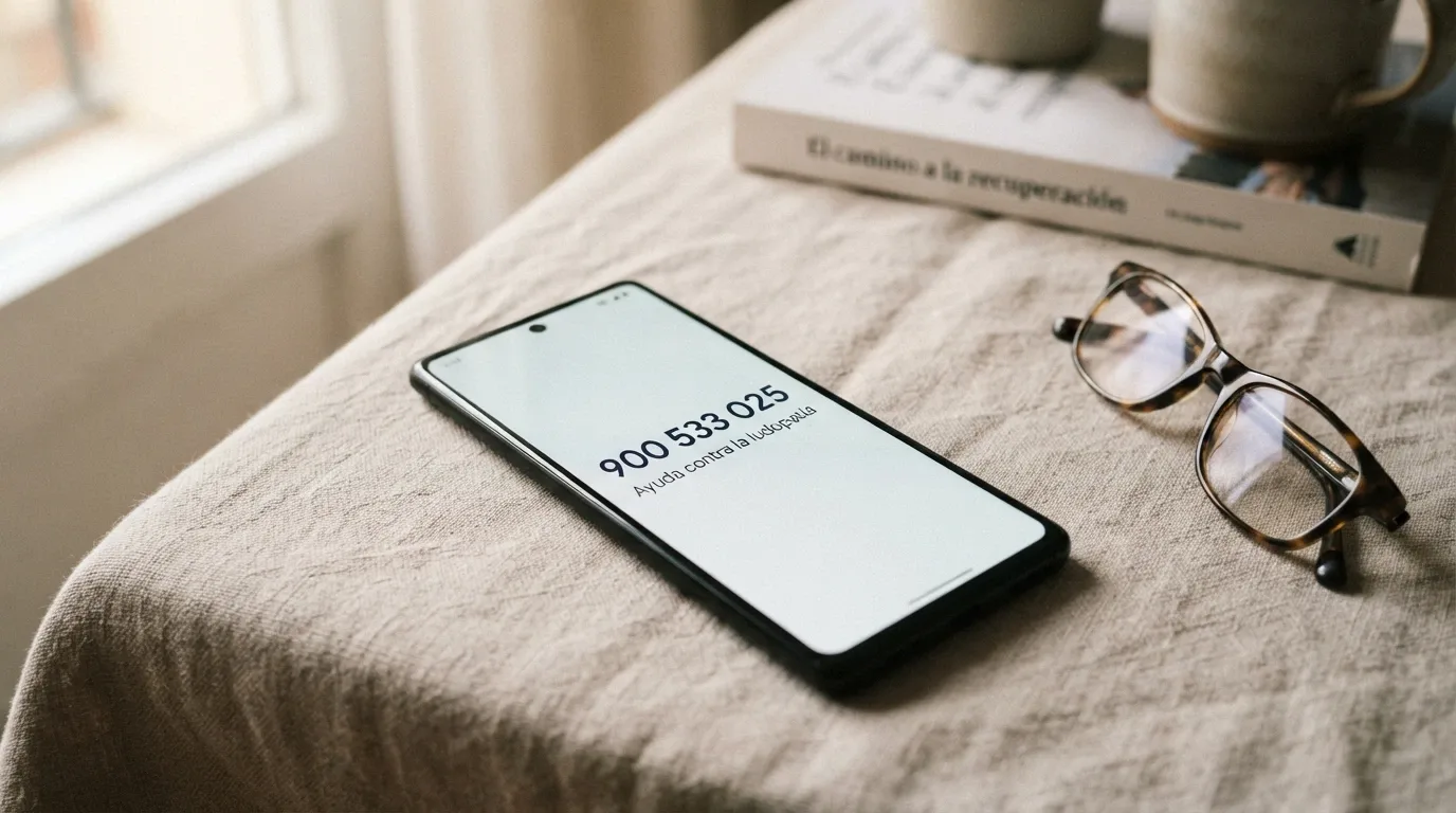 Un teléfono móvil mostrando en pantalla el número 900 533 025 junto al texto «Ayuda contra la ludopatía»