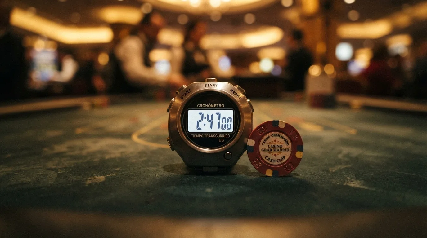 Cronómetro digital marcando 2h47min sobre el logo de un casino con licencia DGOJ