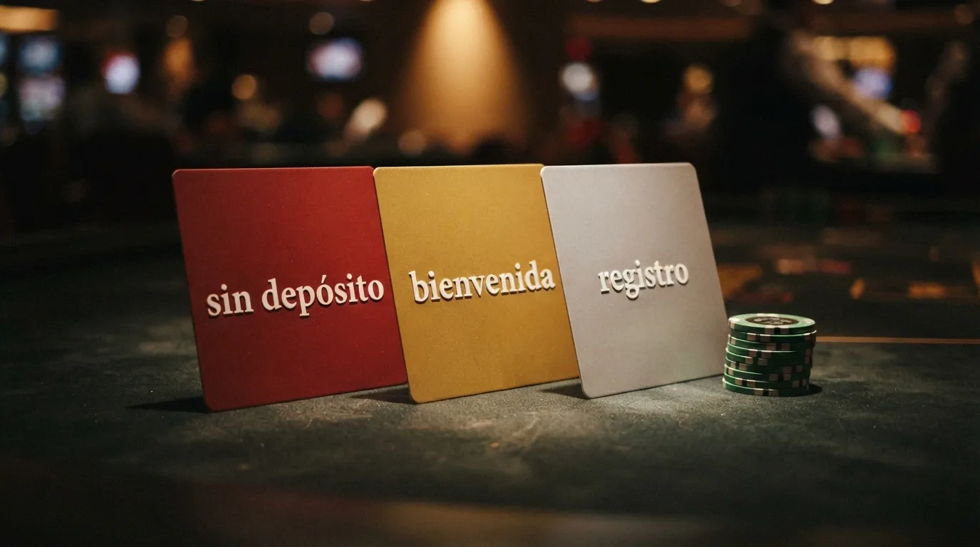 Varias tarjetas alineadas, cada una con un tipo de bono distinto — «sin depósito», «bienvenida», «por registro» — sobre un fondo de casino